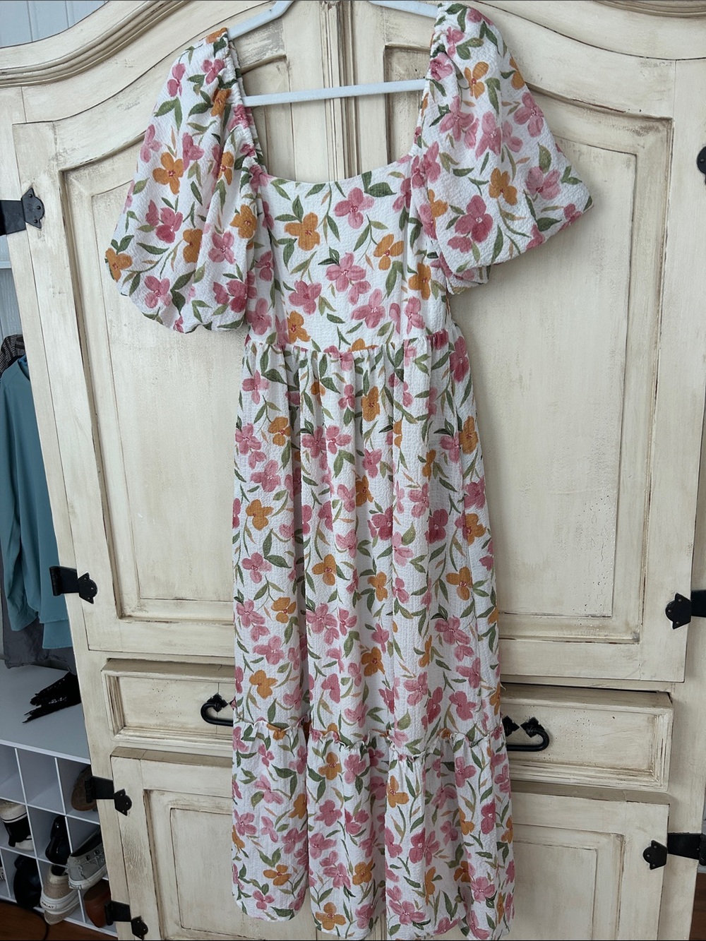 Bohemian Floral Maxi Dress with Puff Sleeves in Cream, Pink & Mustard